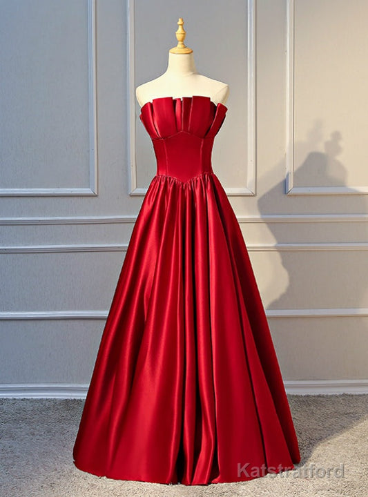 A-Line Burgundy Satin Strapless Pleats Long Prom Dress