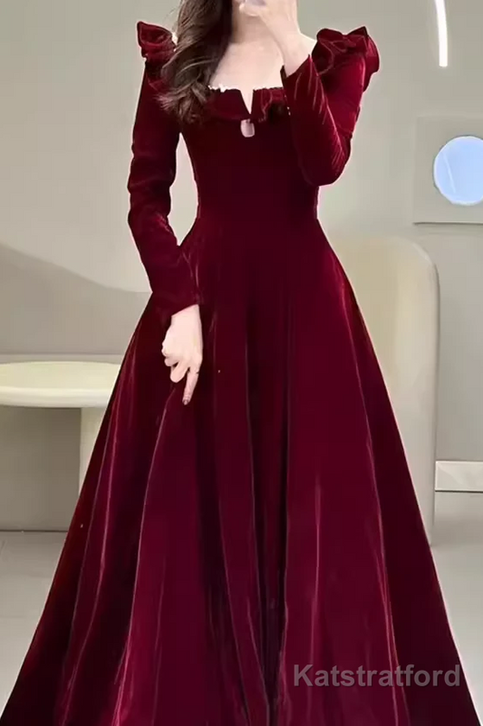 A line Burgundy Velvet Long Prom Dress Party Dresses