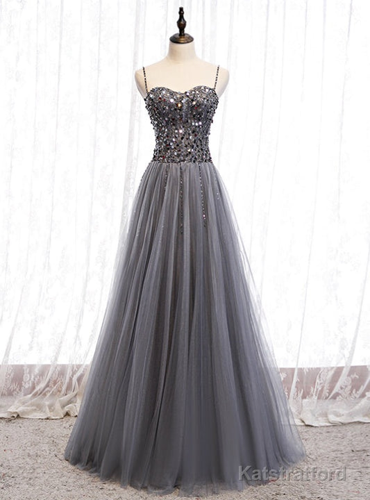 A-Line Gray Tulle Spagehtti Straps Sequins Prom Dress
