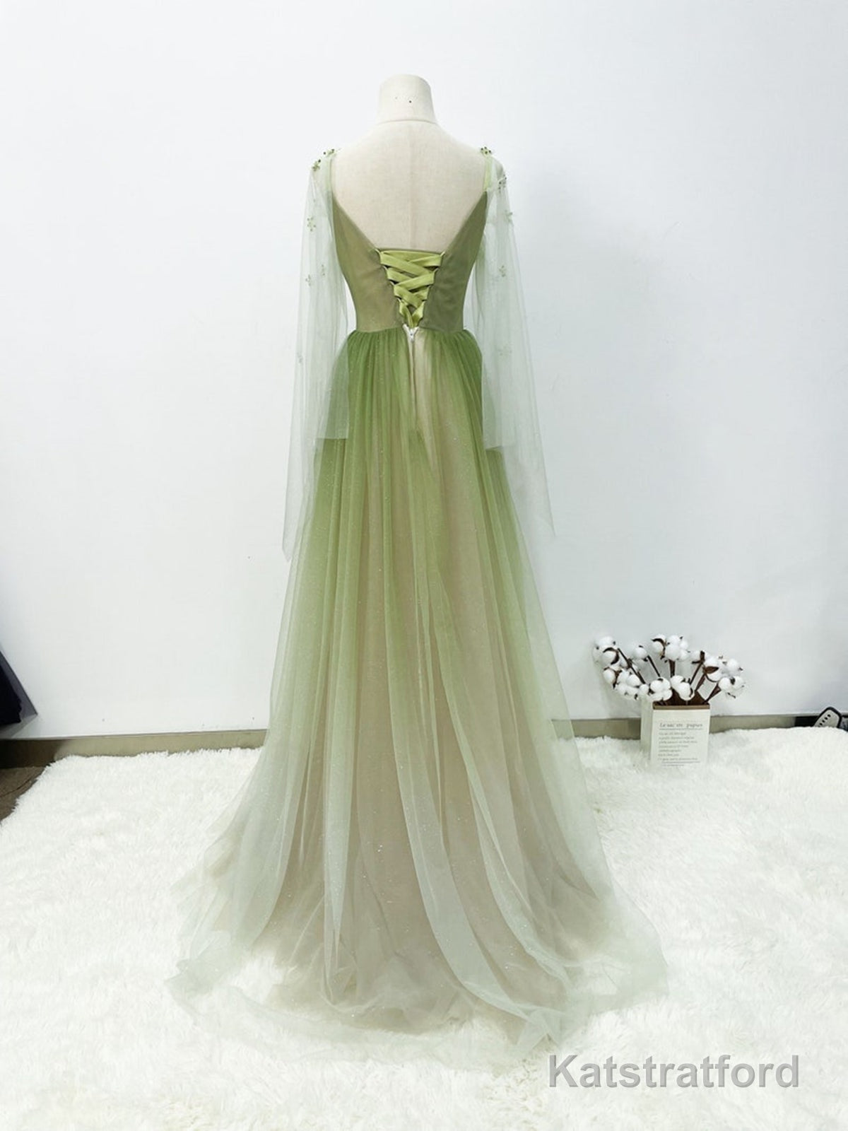A-line Green Gradient Puffy Sleeves Tulle Long Party Dress, Green Long Prom Dress