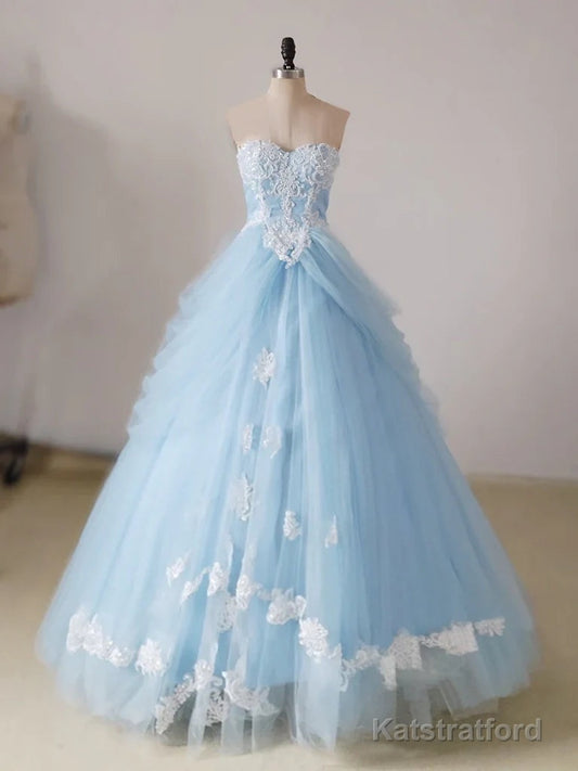 A-Line Lace Sweetheart Neck Blue Long Prom Dress