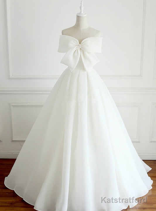 A-Line Long White Chiffon Strapless Floor Length Wedding Dress