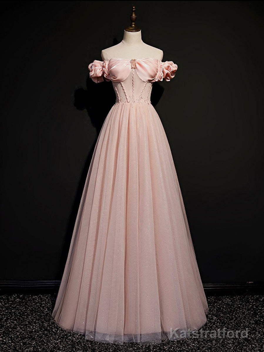A line Pink Long Prom Dresses, Pink Tulle Formal Graduation Dresses With Beading