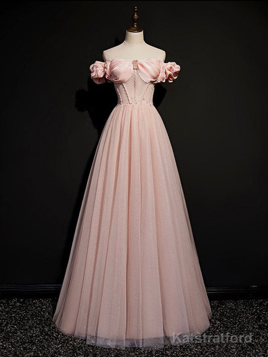 A line Pink Long Prom Dresses, Pink Tulle Formal Graduation Dresses With Beading