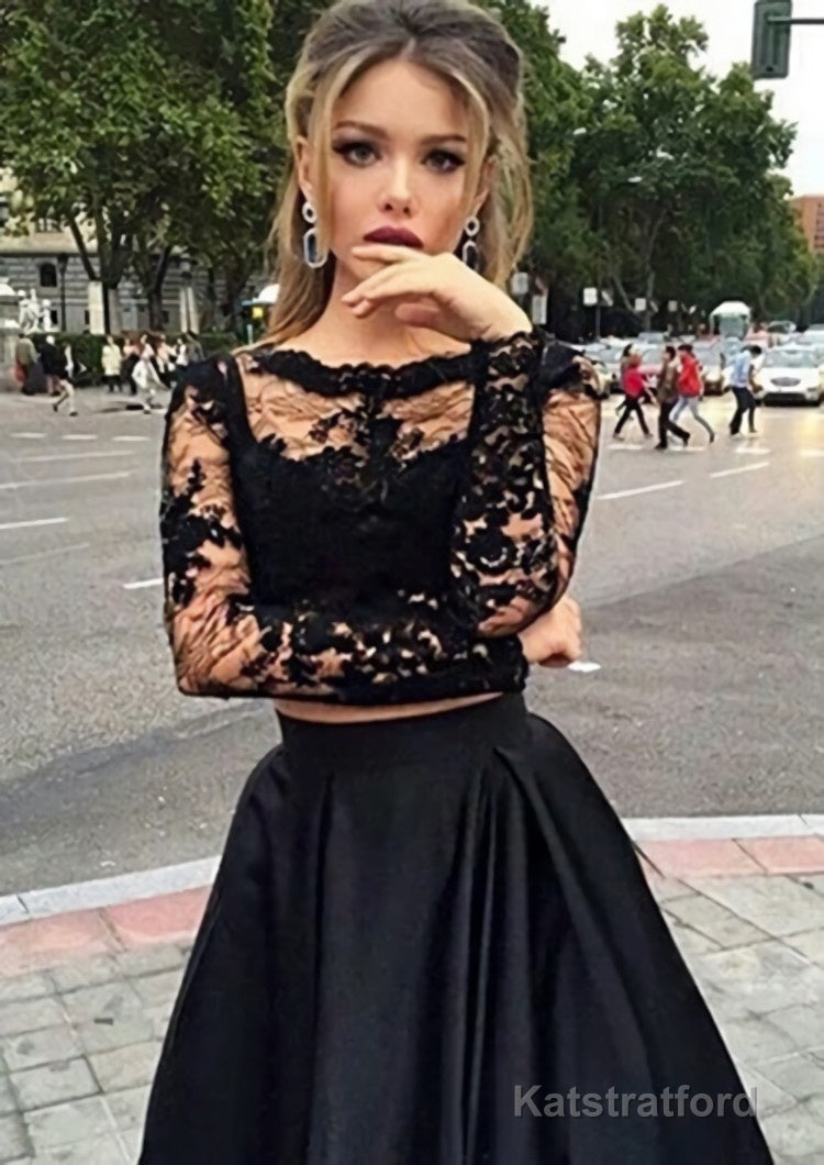 A-Line/Princess Full/Long Sleeve Bateau Long/Floor-Length Satin Prom Dress With Appliqued