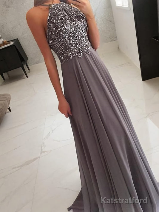 A-Line/Princess Halter Floor-Length Chiffon Prom Dresses With Beading