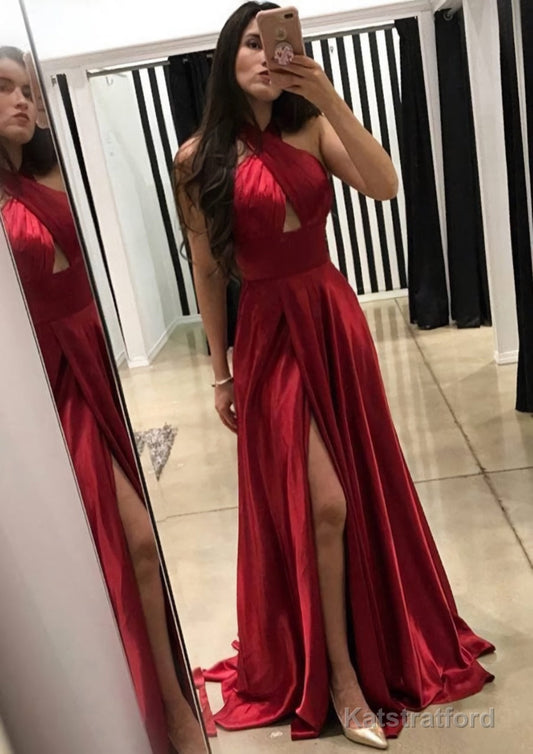 A-line/Princess Halter Sleeveless Sweep Train Charmeuse Prom Dresses With Split