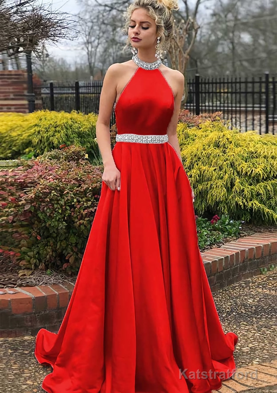 A-line/Princess High-Neck Sleeveless Sweep Train Satin Prom Dresses With Waistband Beading