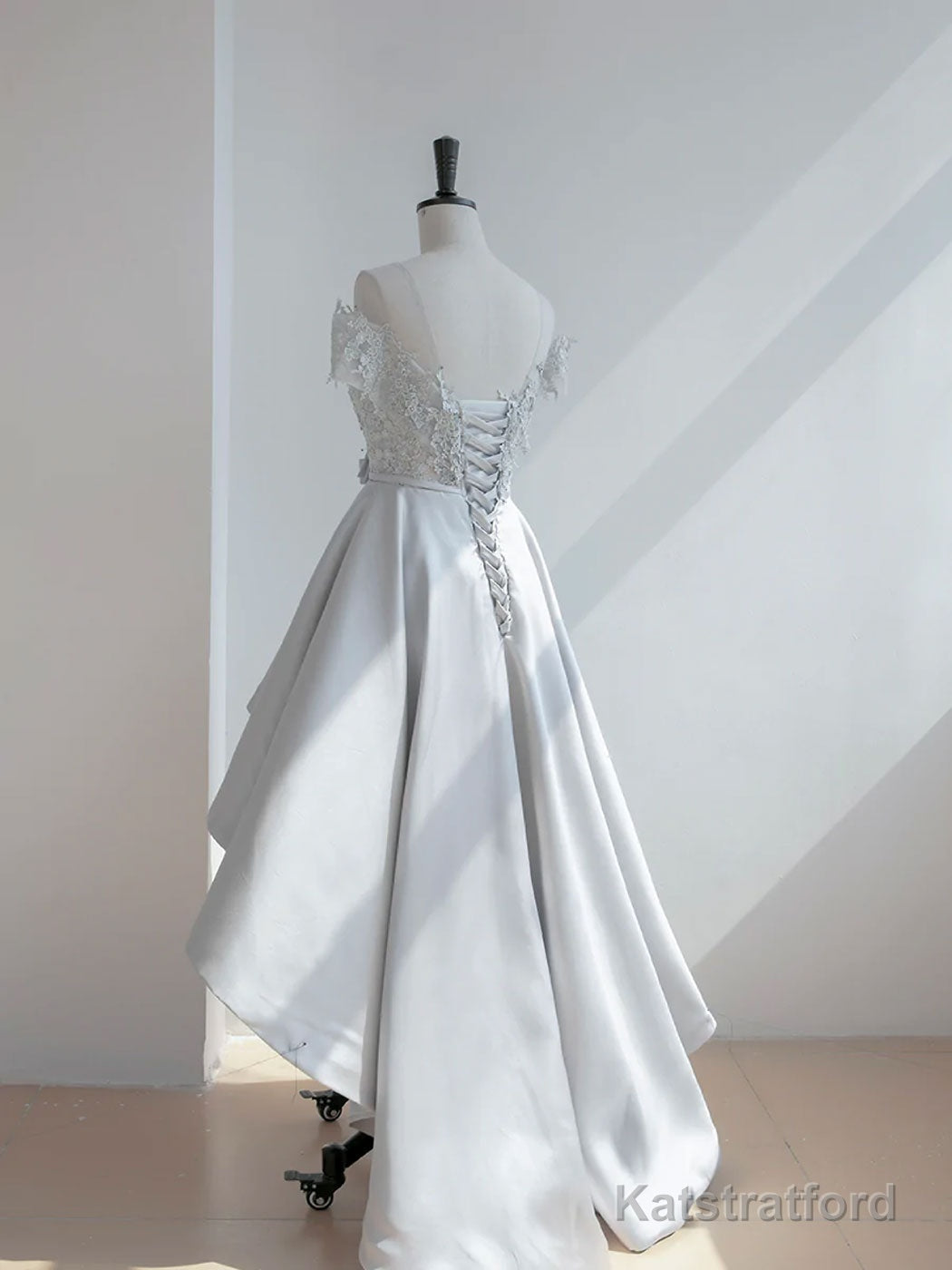 A-Line Scoop Neckline Lace Gray Prom Dress, High Low Style Satin Formal Dresses