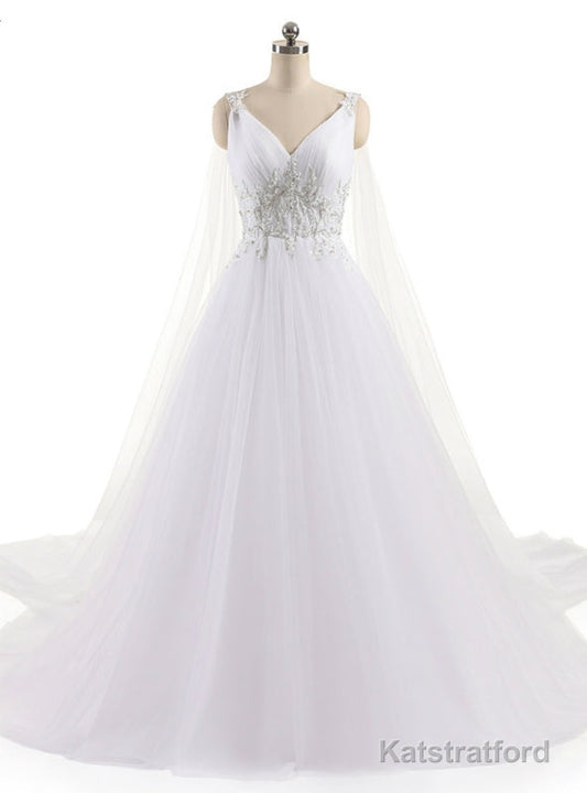 A-Line Sexy V Neck Custom Made Beaded Appliques Wedding Dress