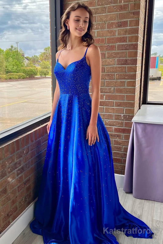 A-Line Spaghetti Straps Royal Blue Long Prom Dress with Beading