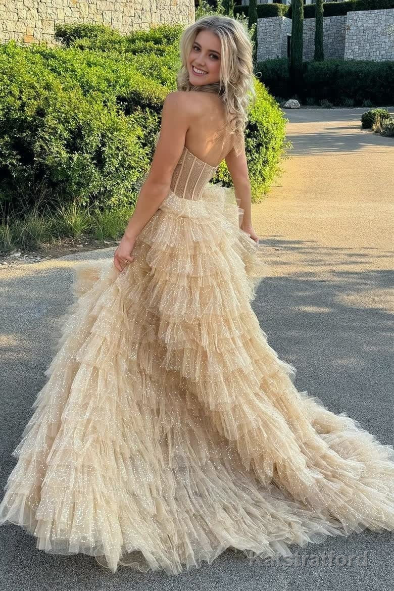 A Line Strapless Corset Glitter Tulle Prom Dress with Ruffles