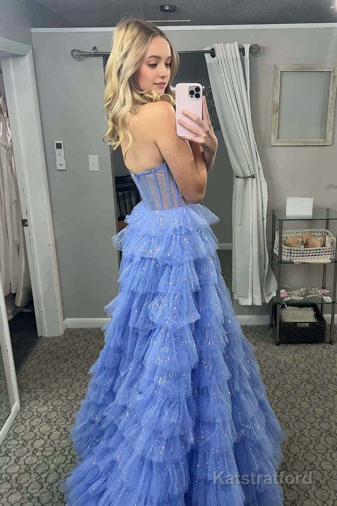 A Line Strapless Corset Glitter Tulle Prom Dress with Ruffles