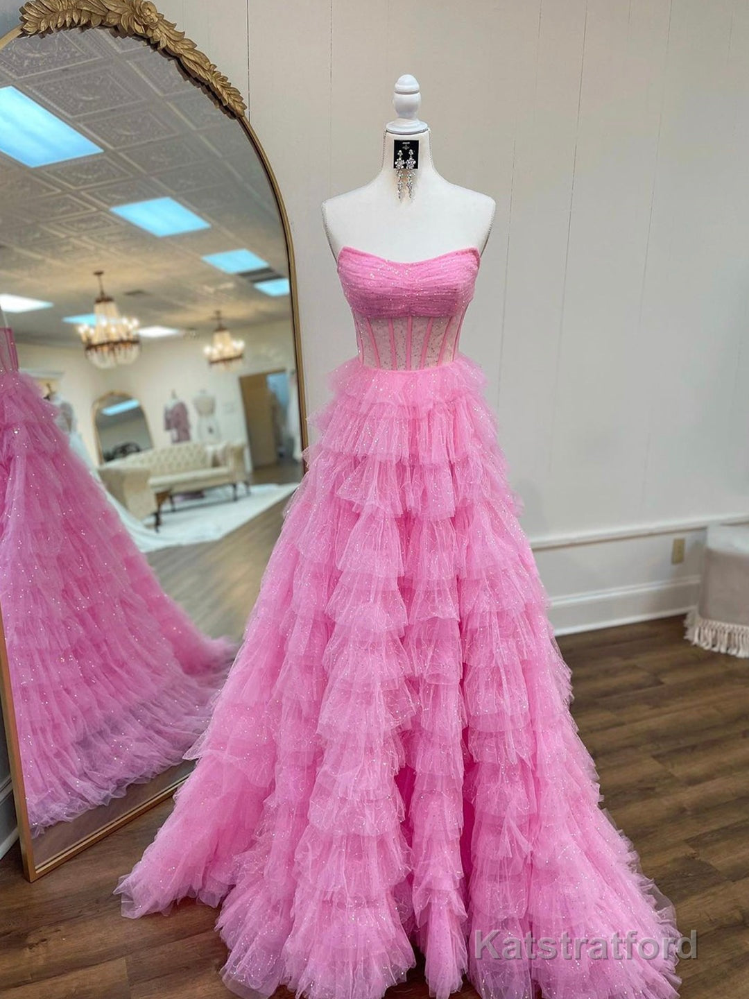 A Line Strapless Corset Glitter Tulle Prom Dress with Ruffles