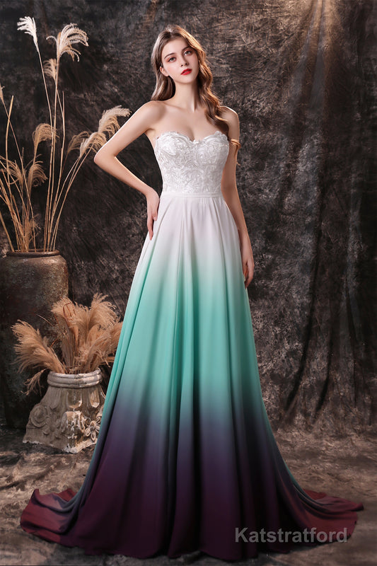 A Line Strapless Sleeveless Appliques Ombre Silk Like Satin Sweep Train Prom Dresses
