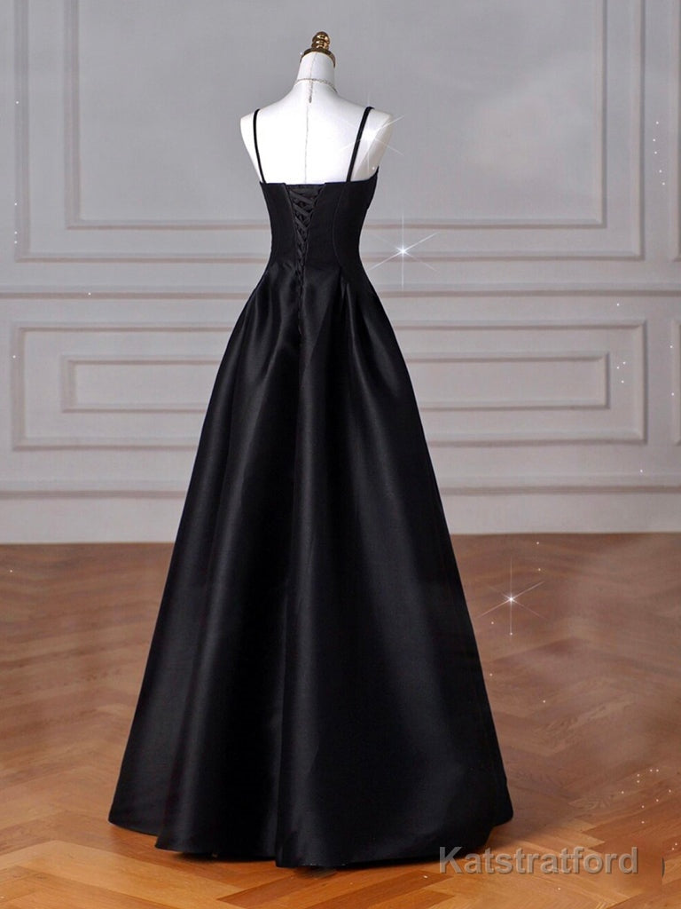 A-Line Sweetheart Neck Satin Black Long Prom Dress, Black Long Formal Dress
