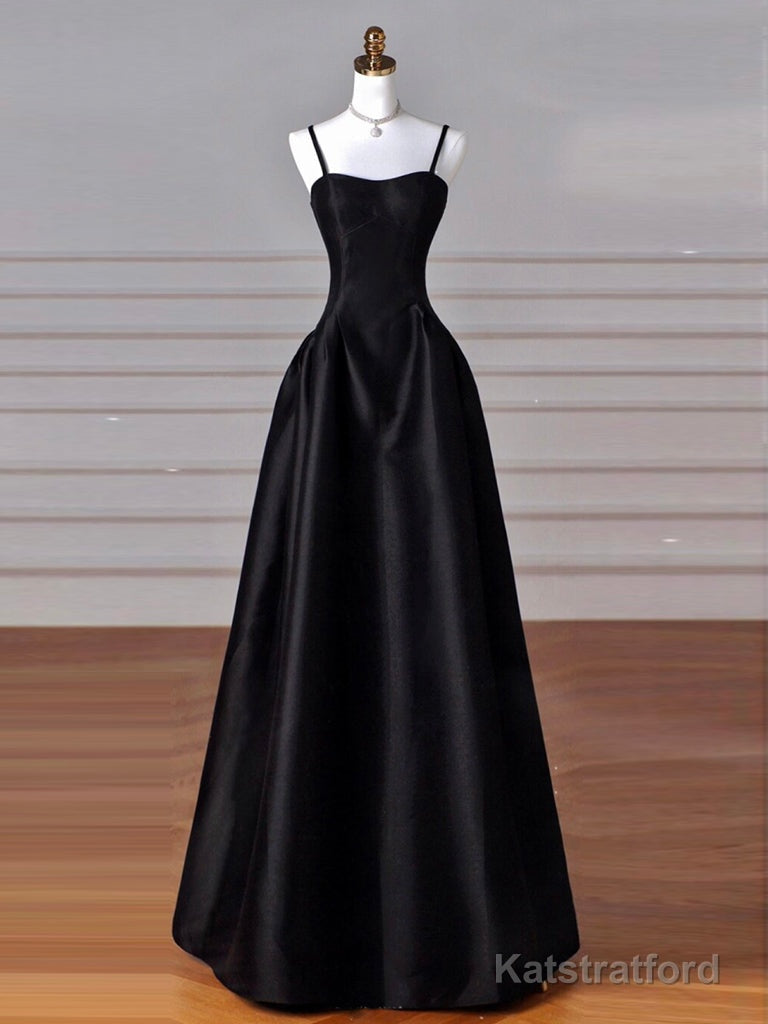A-Line Sweetheart Neck Satin Black Long Prom Dress, Black Long Formal Dress