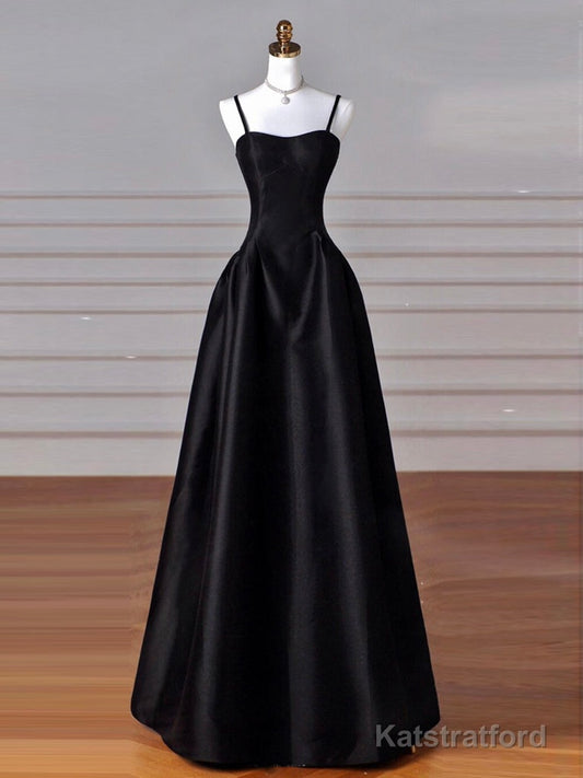 A-Line Sweetheart Neck Satin Black Long Prom Dress, Black Long Formal Dress