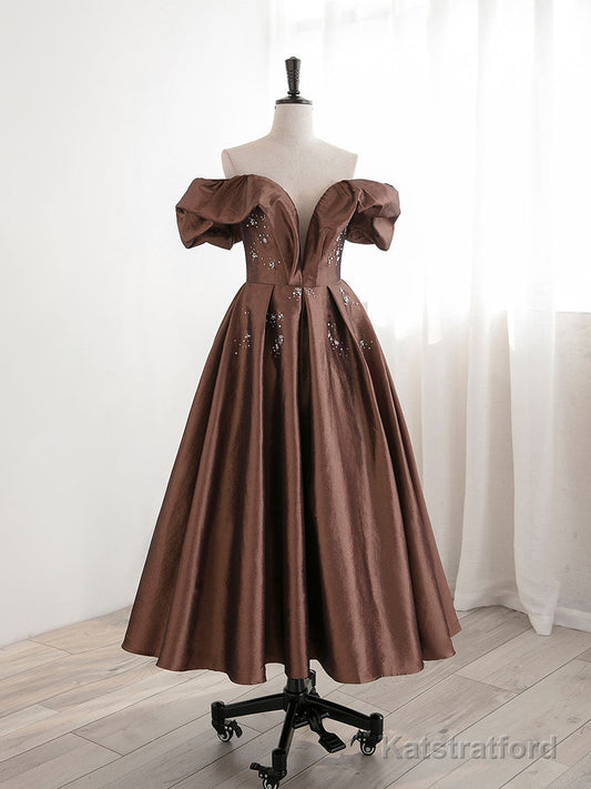 A-Line Tea length Brown Prom dresses, Off Shoulder Brown Formal Dress with Beading