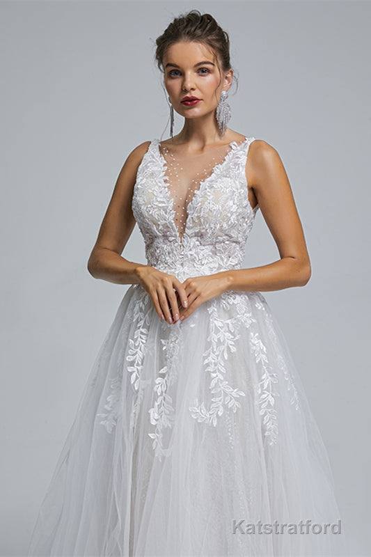 A-Line tulle applique sleeveless floor length wedding dress