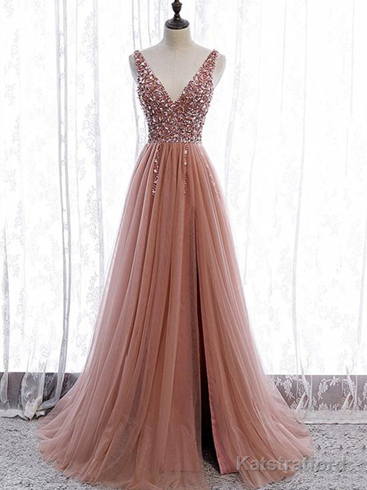 A Line V Neck Dark Pink Beaded Long Prom Dresses, V Neck Pink Long Formal Graduation Dresses