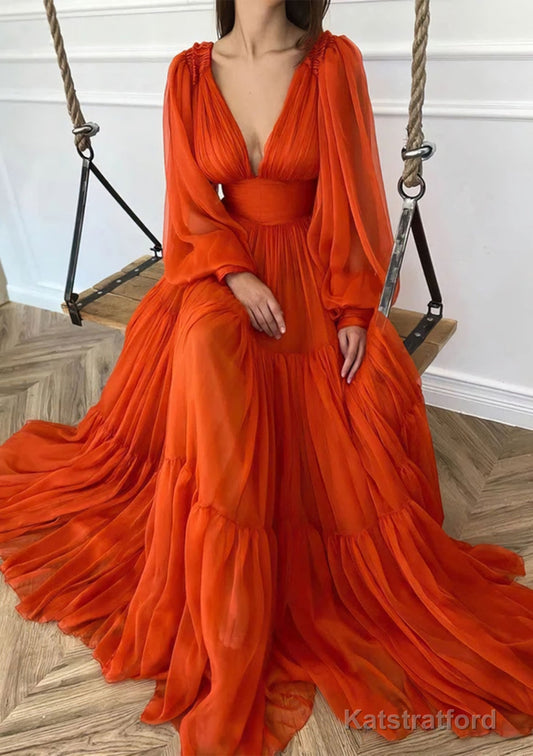 A-line V Neck Full/Long Sleeve Long/Floor-Length Chiffon Prom Dresses With Pleated