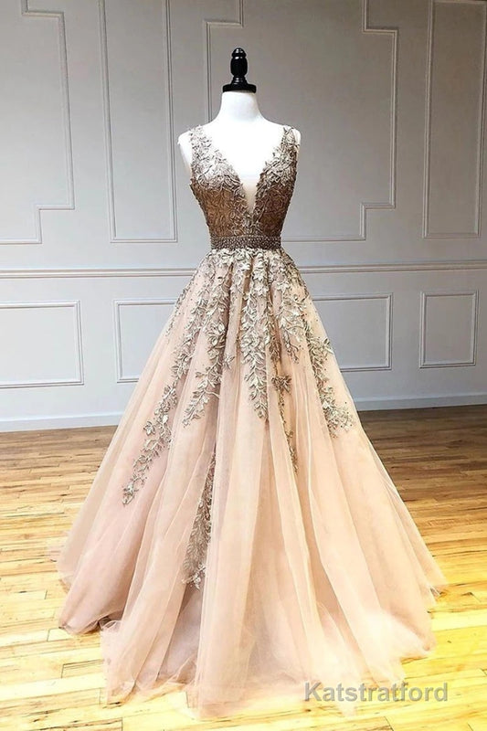 A Line V Neck Lace Champagne Tulle Long Prom Dress, V Neck Lace Champagne Formal Dress, Champagne Lace Evening Dress