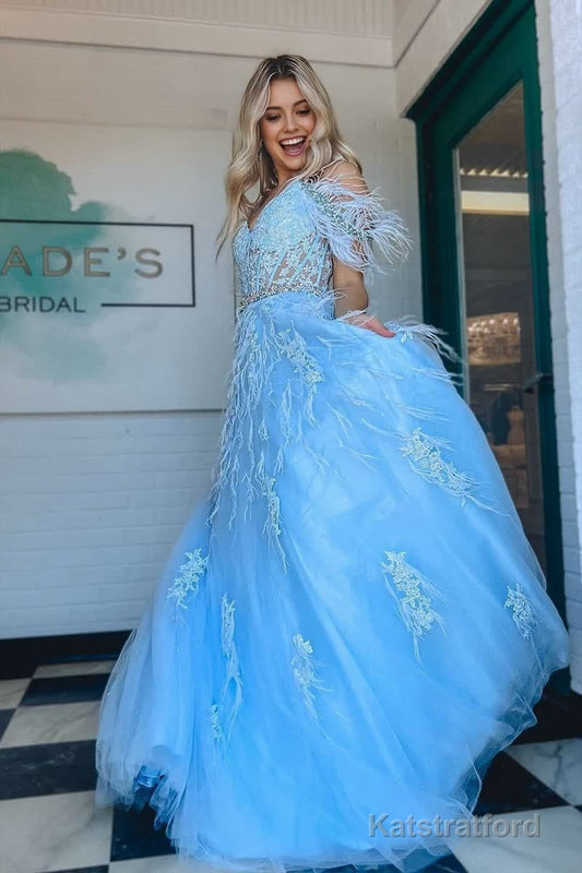A line V Neck Lace Tulle Prom Dress with Beading and Feather
