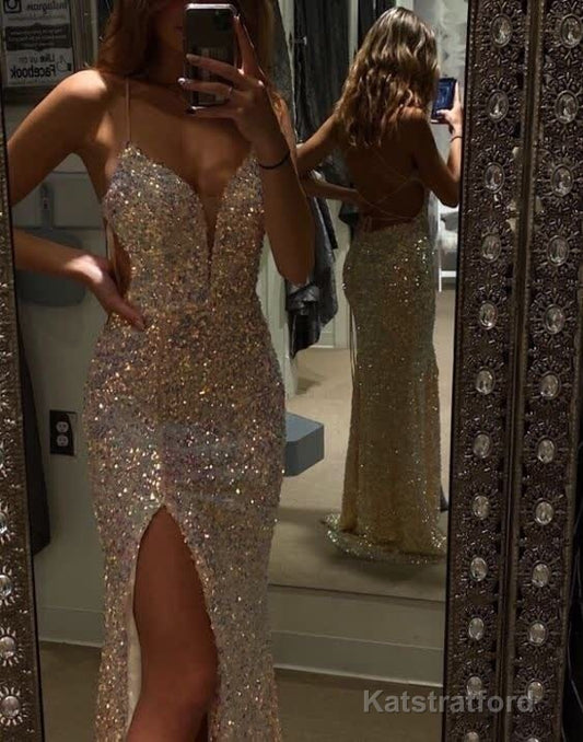 A-line V Neck Prom Dress With Split Formal Evening Dresses