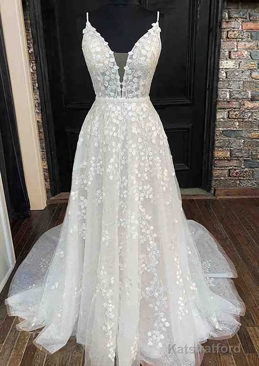 A-line V Neck Sleeveless Lace Court Train Prom Dresses With Pleated