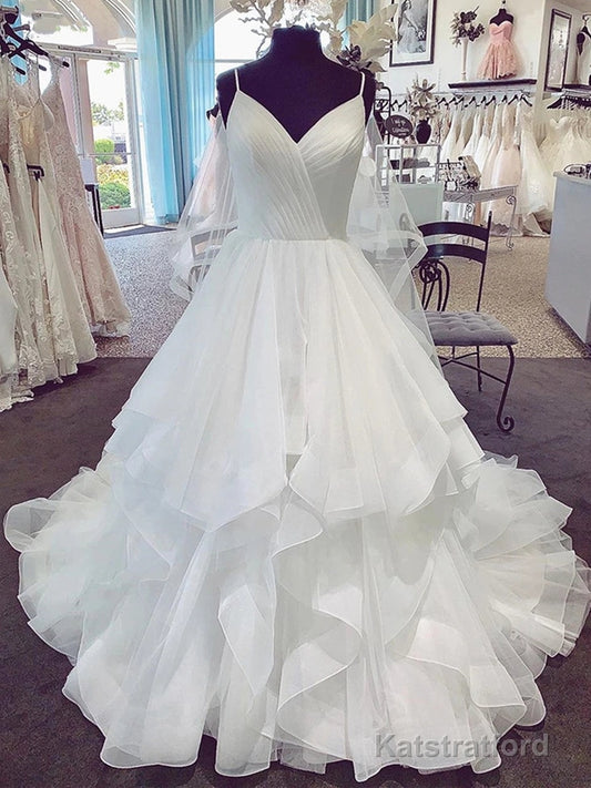 A-line V Neck Spaghetti Straps Puffy White Long Wedding Dresses
