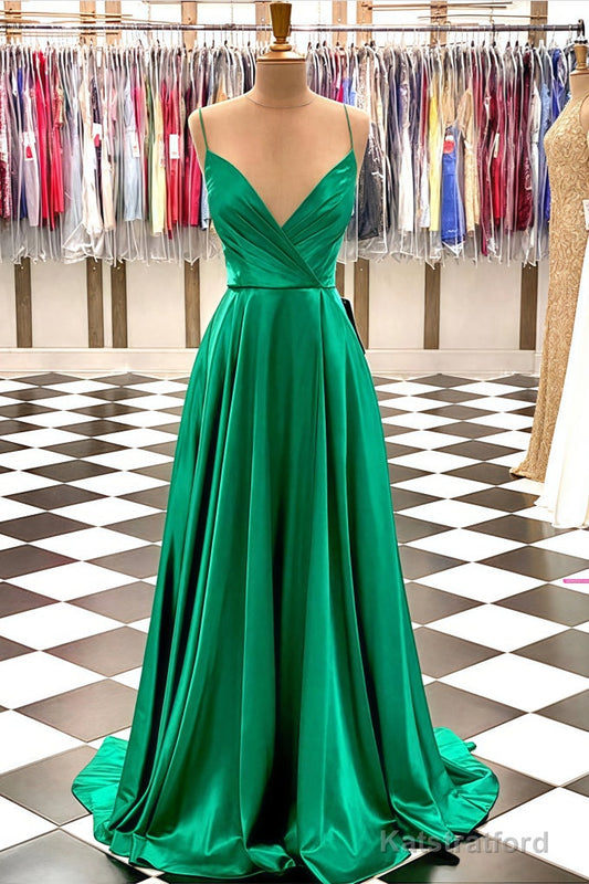 A-line V Neck Spaghetti Straps Sweep Train Charmeuse Prom Dresses With Pleated