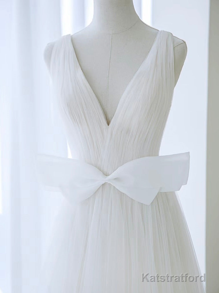 A-Line V Neck White Tulle Long Wedding Dress with Bow