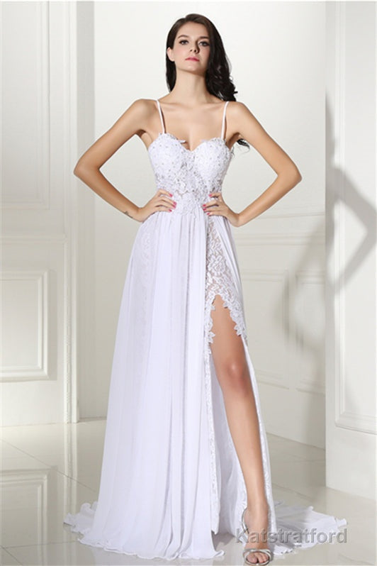 A-line White Evening Dresses Straps Chiffon Long Formal Dresses