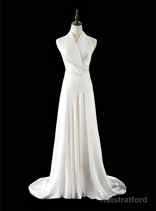 A-Line White Satin Halter Backless Wedding Dress