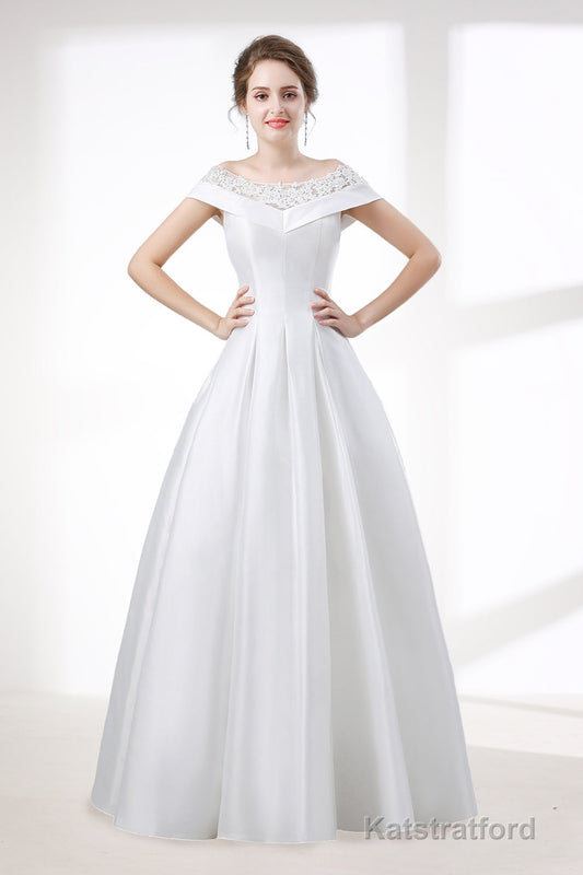 A-Line White Satin Lace Off The Shoulder Wedding Dresses