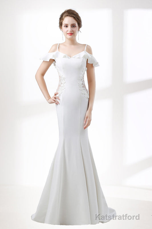 A-Line White Satin Short Sleeve Off the Shoulder Prom Dresses