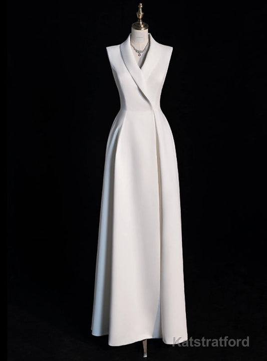 A-Line White V-neck Sleeveless Prom Dress
