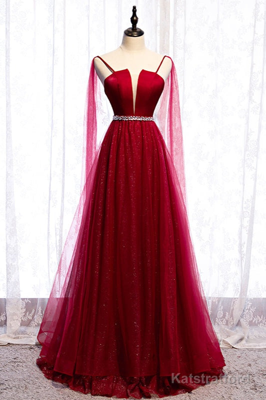 Burgundy Prom Dresses, Spagetti-Strap Sleeveless Prom Dress Tulle Ruffles with Beadings