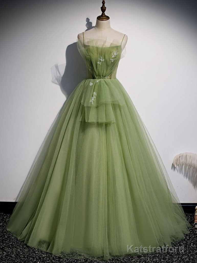 Aline Tulle Green Long Prom Dresses, Green Formal Graduation Dress with Beading