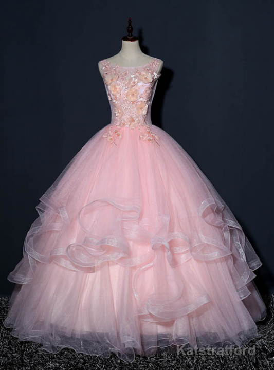 At Great Prices Pink Ball Gown Tulle Appliques Sleeveless Quinceanera Dress