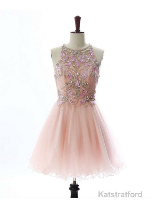 Attractive A lines Pink Homecoming Dresses Open Back Sleeveless Beaded Scoop Mini Homecoming Dress
