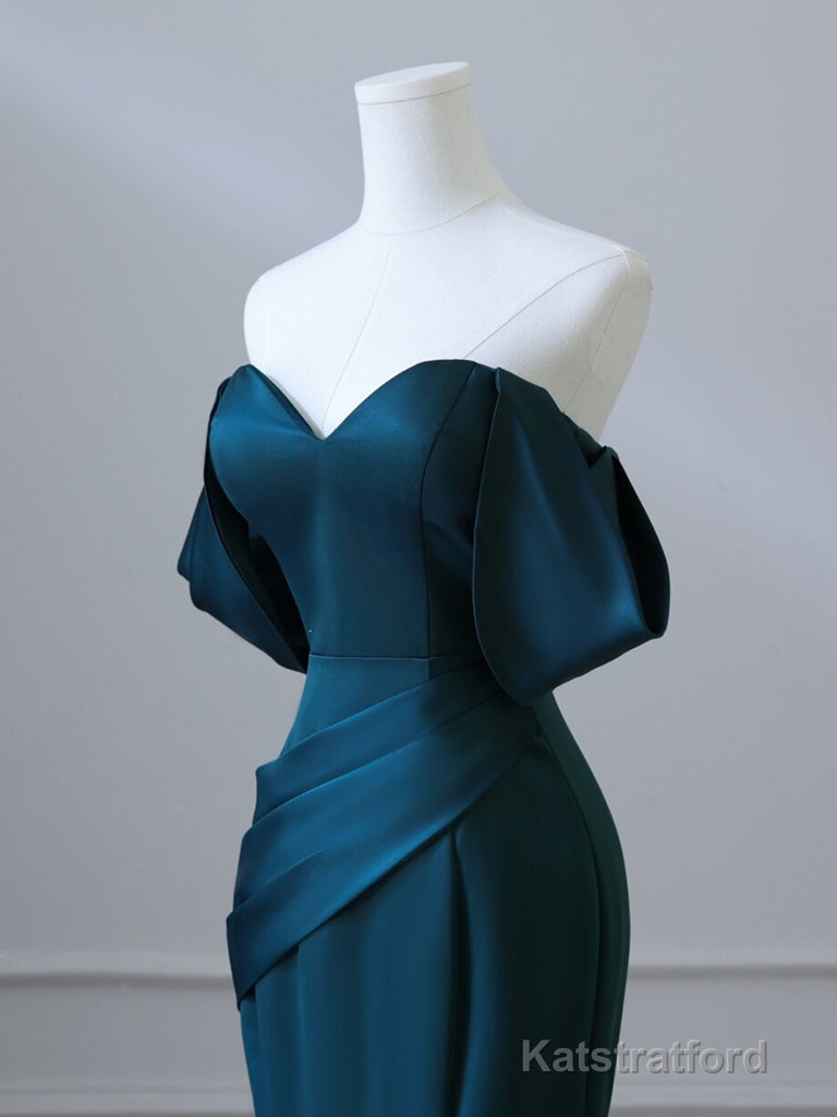 Simple Off Shoulder Satin Ink Blue Long Prom Dress, Ink Blue Long Formal Dress
