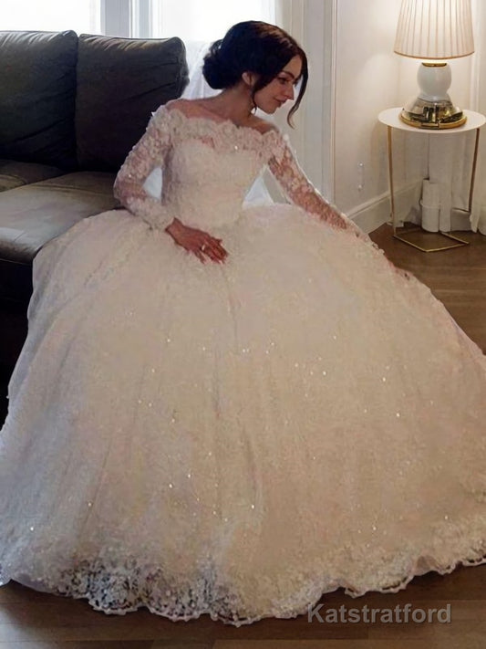 Ball Gown Bateau Floor-Length Lace Wedding Dresses