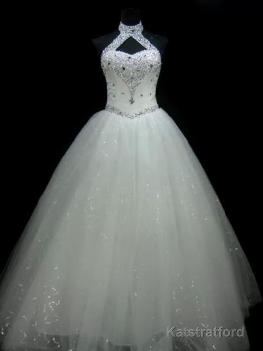 Ball Gown Halter Floor-Length Tulle Wedding Dresses With Beading