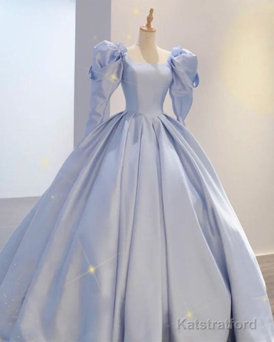 Ball Gown Satin Dresses Puffy Sleeves Open Back