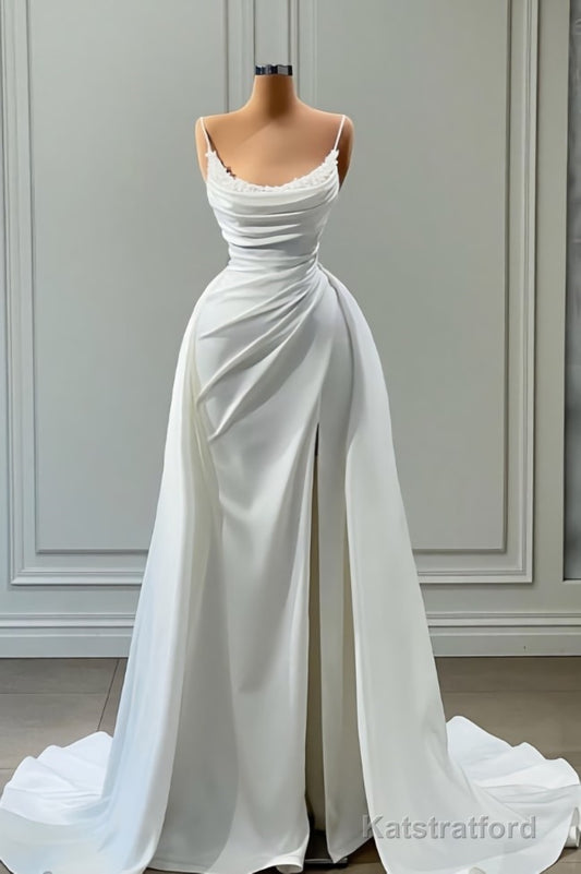 Modern White Spaghetti Straps Wedding Gowns With Beads Long