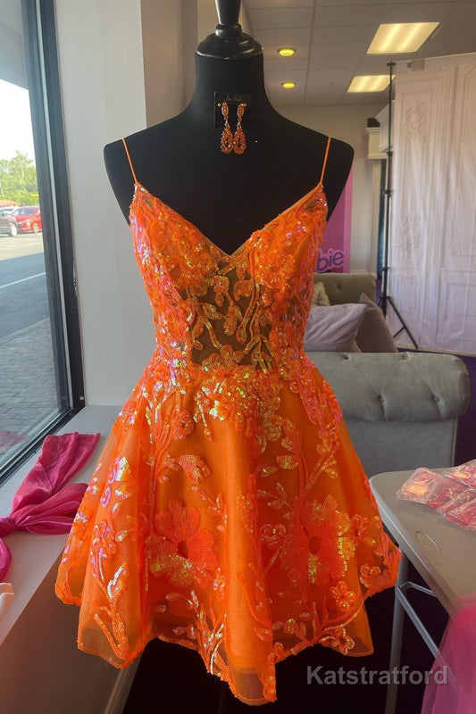 Orange A-line V Neck Straps Sequins-Embroidered Homecoming Dress