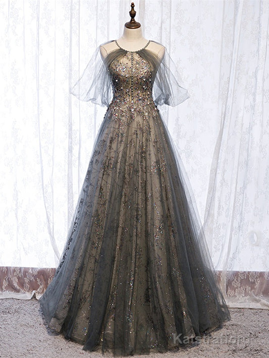 Be Crowned Prom Queen In Short Sleeves Halter Gray Tulle Sparkle Sequin Backless Prom Dress