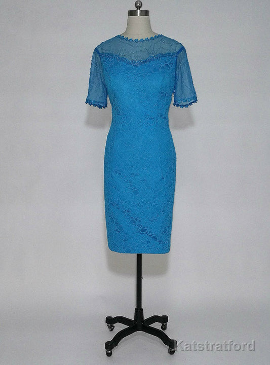 Best Blue Lace Short Evening Dresses Short Sleeves Mother of the Bride Dresses